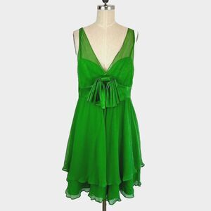 Betsey Johnson VTG Y2K Green Silk Chiffon Dress Babydoll Empire Waist Bow Fairy